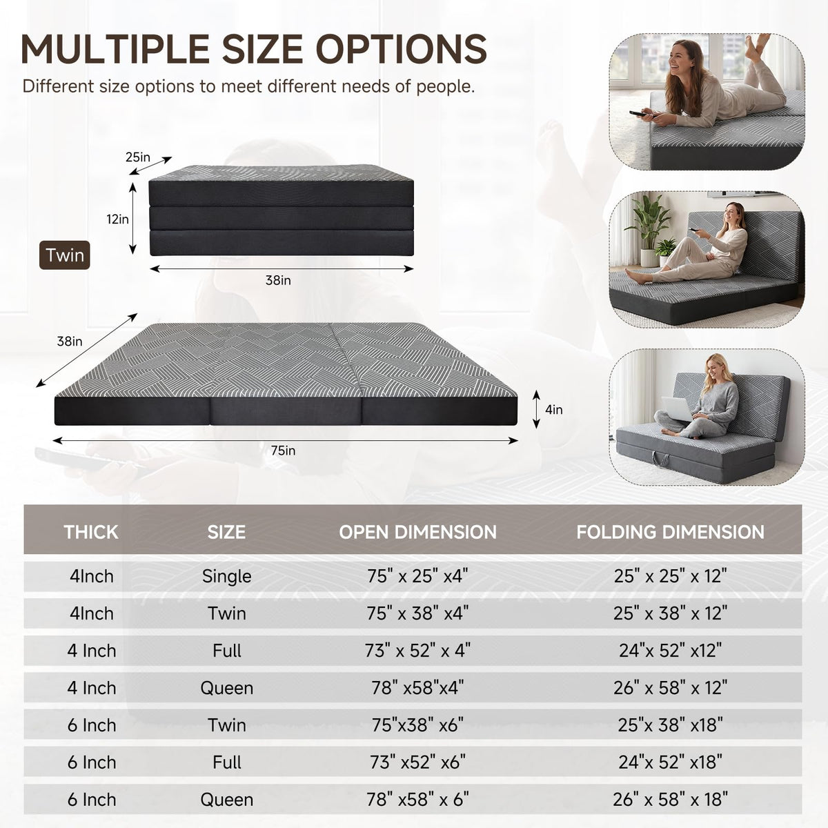 Memory Foam Tri Folding Mattress Twin Size 4 Inch Z298728