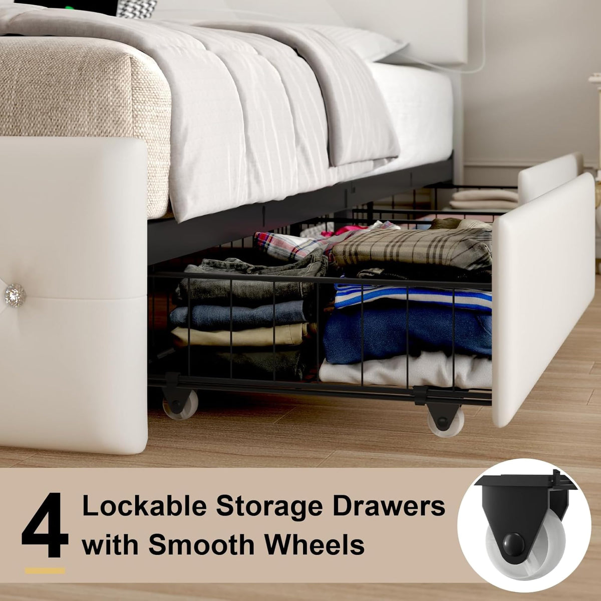 White PU Upholstered Full Size Bed Frame with 4 Storage Drawers H446993