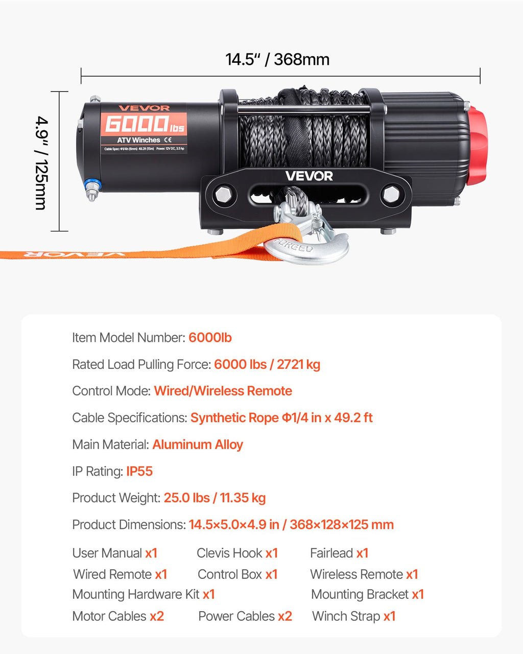 6000 lbs 12V Electric Winch with Synthetic Rope J708