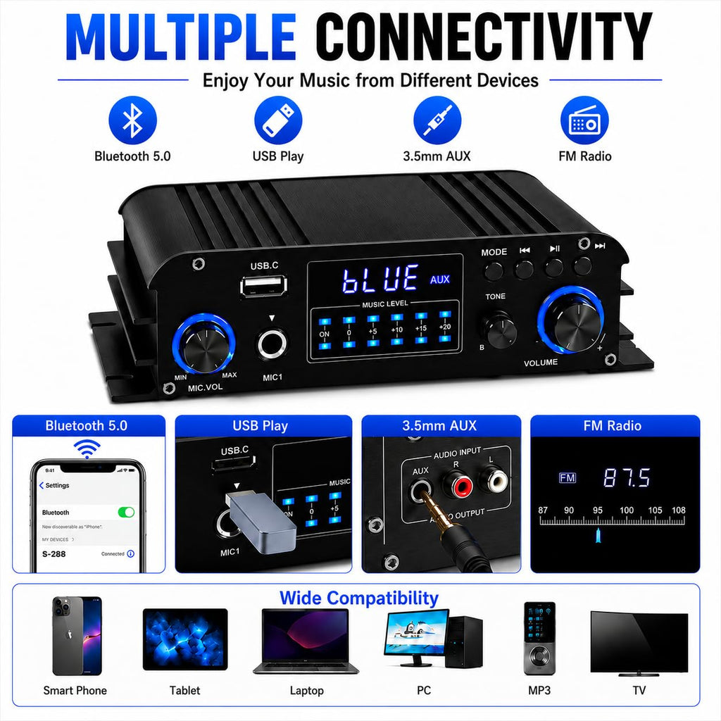 4 Channel Bluetooth Stereo Amplifier 50Wx4 Class D HiFi Power Amp P414