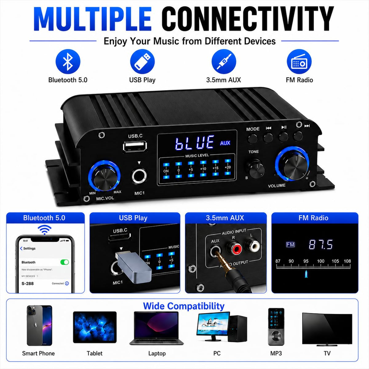 4 Channel Bluetooth Stereo Amplifier 50Wx4 Class D HiFi Power Amp P414