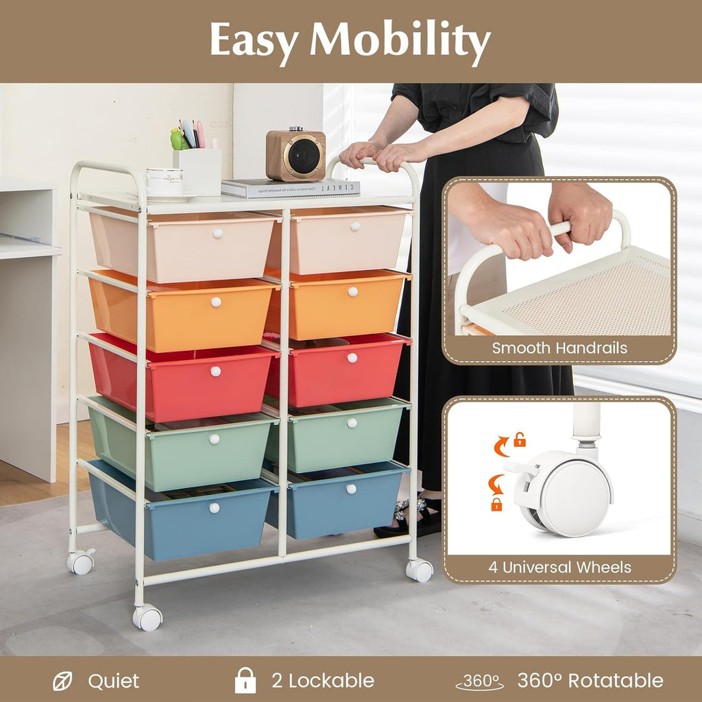 10 Drawer Rolling Storage Cart with Metal Frame U7070