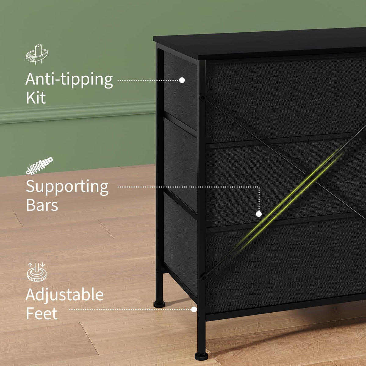Black 8 Drawer TV Stand Dresser with Steel Frame Z955556