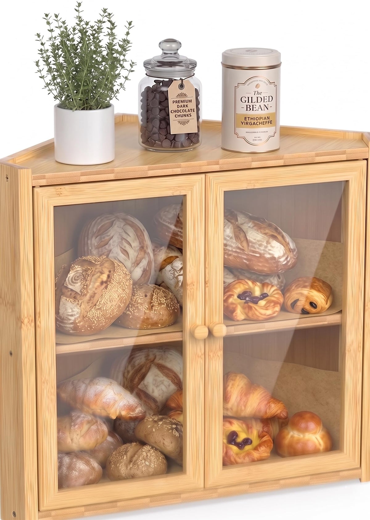 Double Layer Bamboo Bread Box with Clear Windows and Double Doors U4667