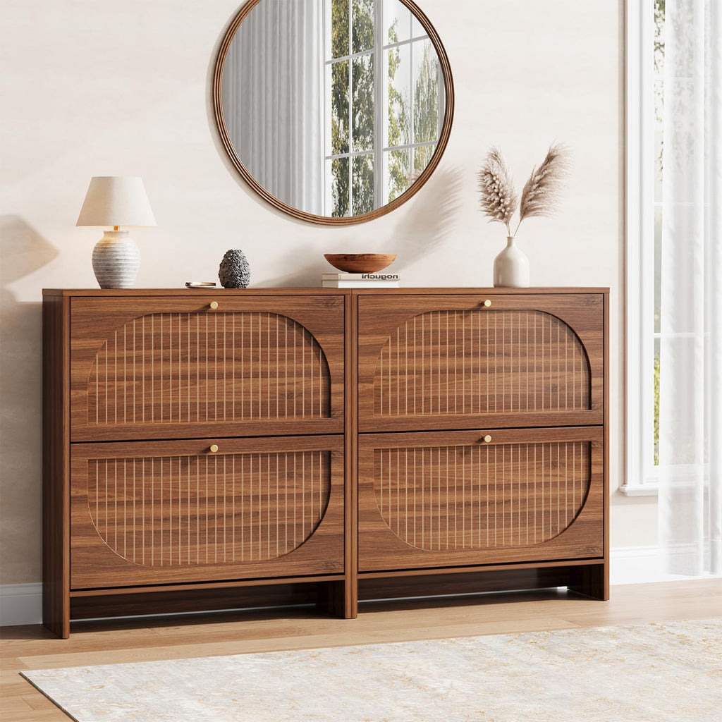 Luminous Walnut Shoe Storage Cabinet with Adjustable Shelves W567