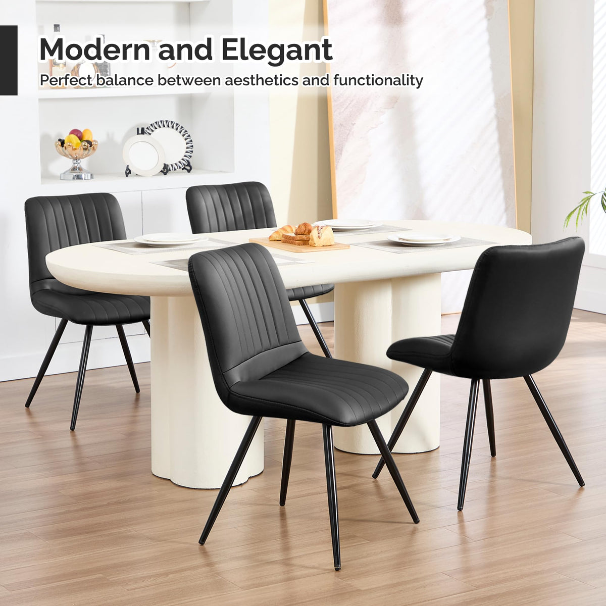 Black Dining Chairs Set of 4 PU Leather Metal Legs J562