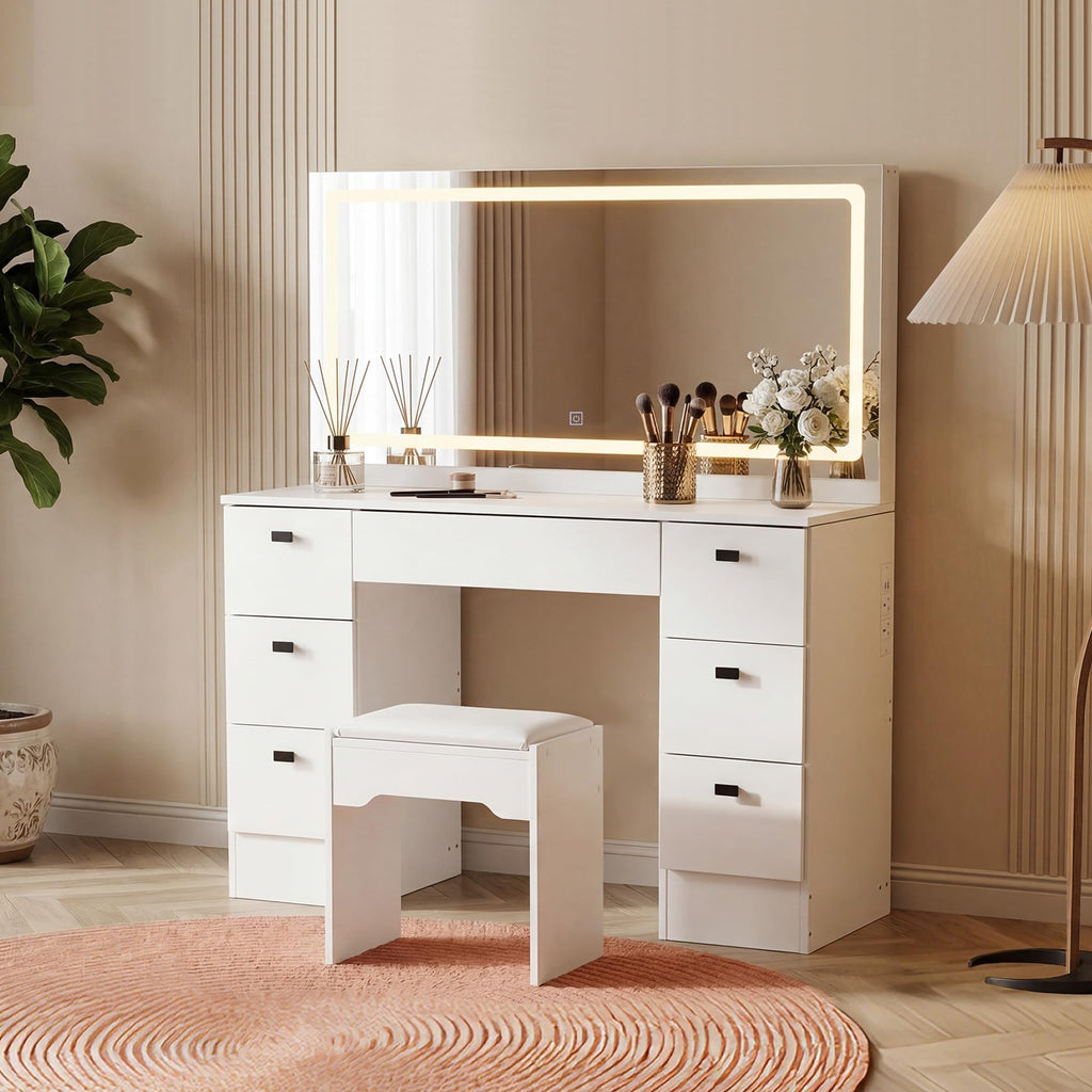 White 7 Drawer Vanity Desk with Mirror and Stool O47136