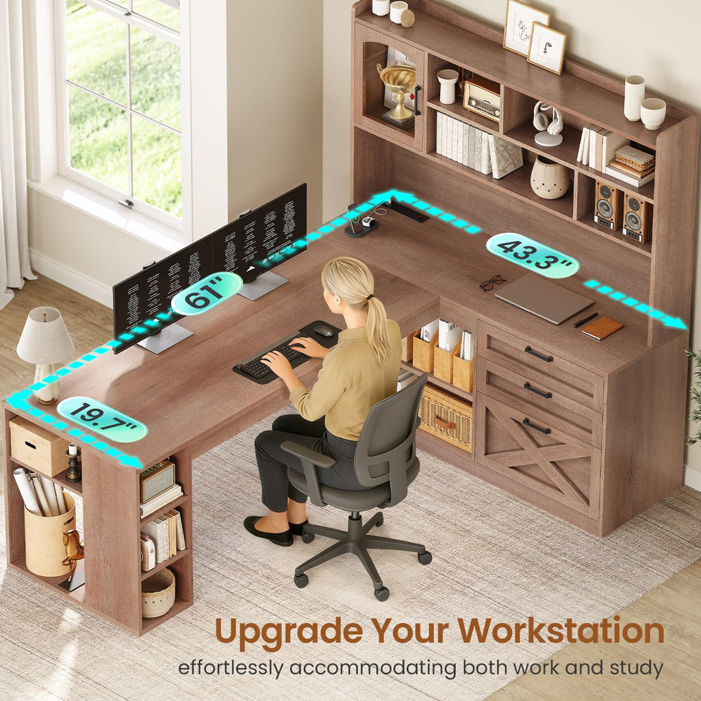 61" L Shaped Office Desk with Drawers and Storage K880588
