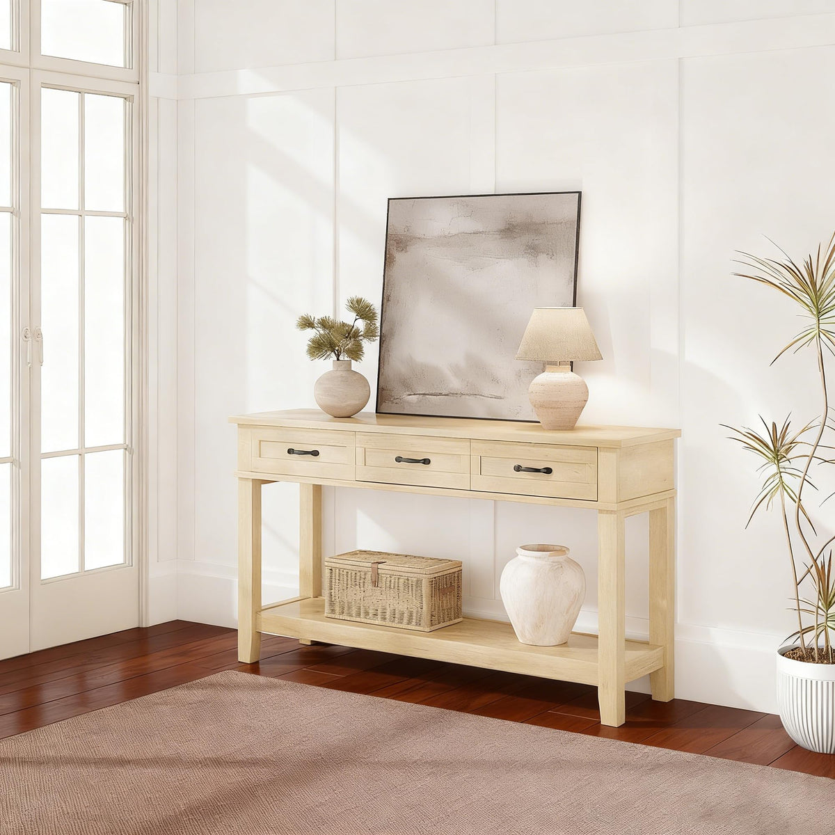 Light Oak 3 Drawer Console Table with Open Storage Shelf V223