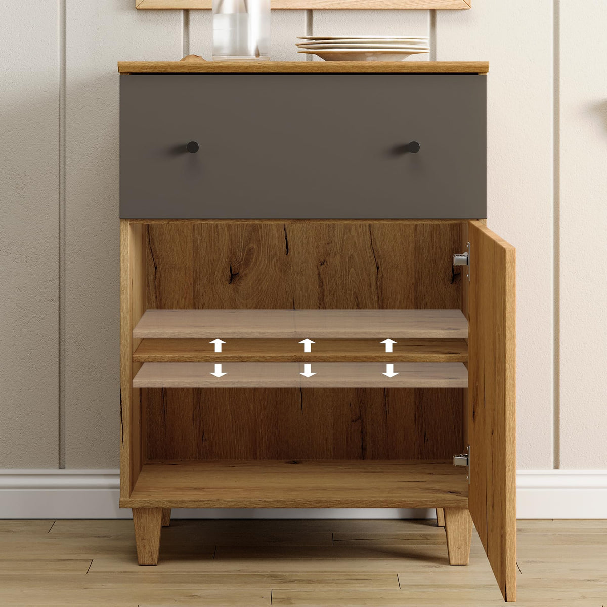 Oak Brown Dark Grey Wood Storage Cabinet with Drawer and Door G450110