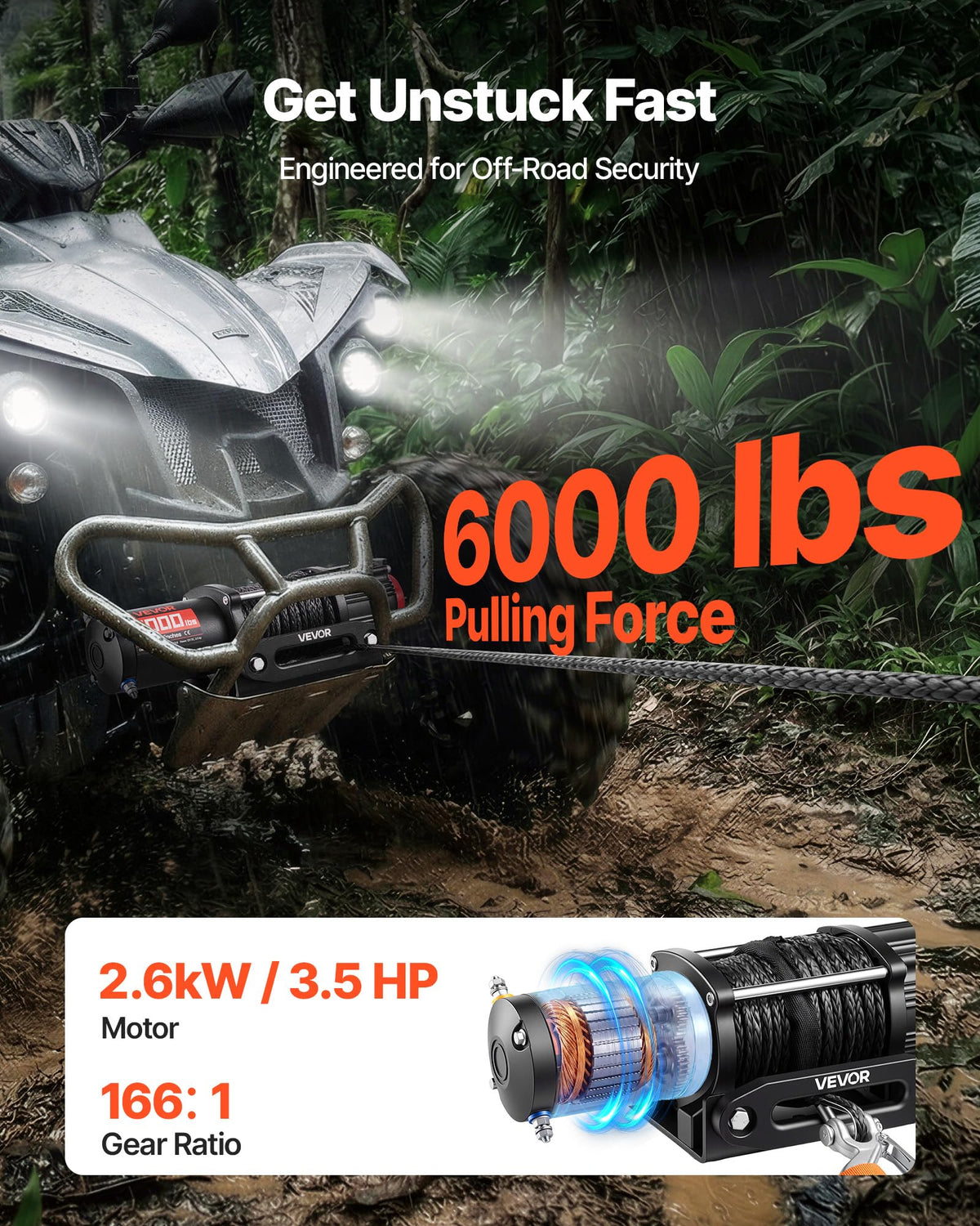 6000 lbs 12V Electric Winch with Synthetic Rope J708