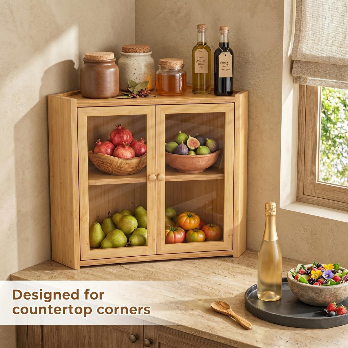 Double Layer Bamboo Bread Box with Clear Windows and Double Doors U4667