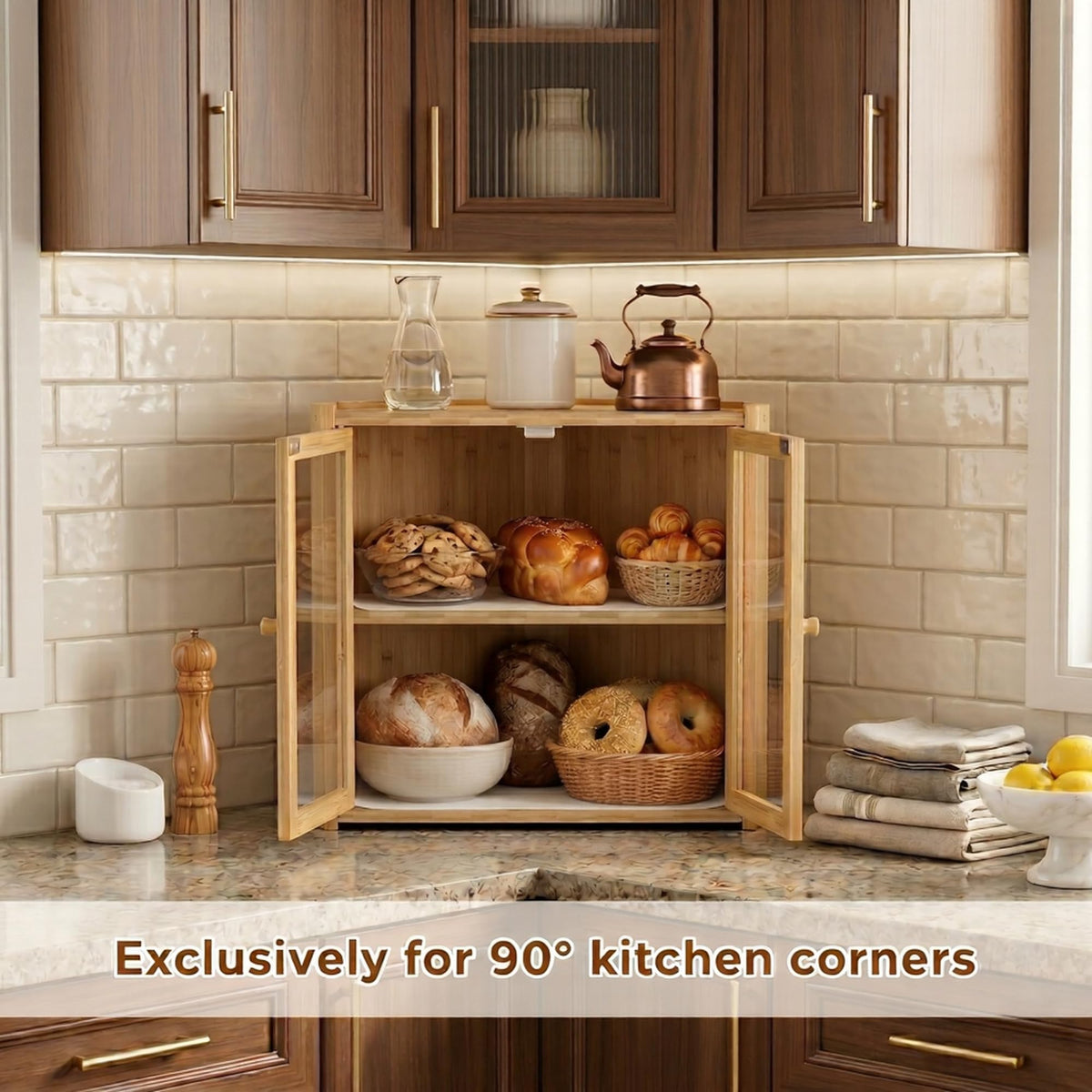 Double Layer Bamboo Bread Box with Clear Windows and Double Doors U4667
