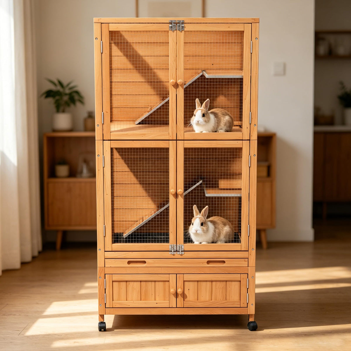 2-Story Wooden Rabbit Hutch with Ramp, Trays & Wheels Z835288
