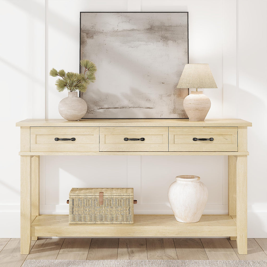 Light Oak 3 Drawer Console Table with Open Storage Shelf V223
