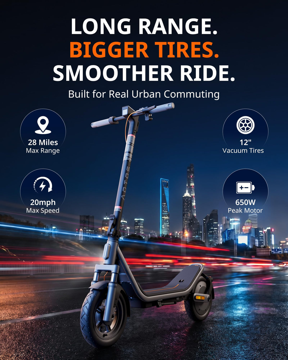 Electric Scooter for Adults, 20 MPH, 750W Peak Motor, 12" Tubeless Tires, Foldable C46573