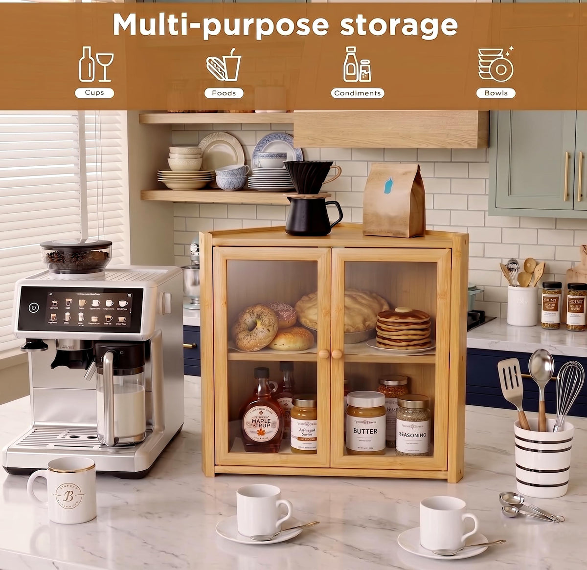 Double Layer Bamboo Bread Box with Clear Windows and Double Doors U4667