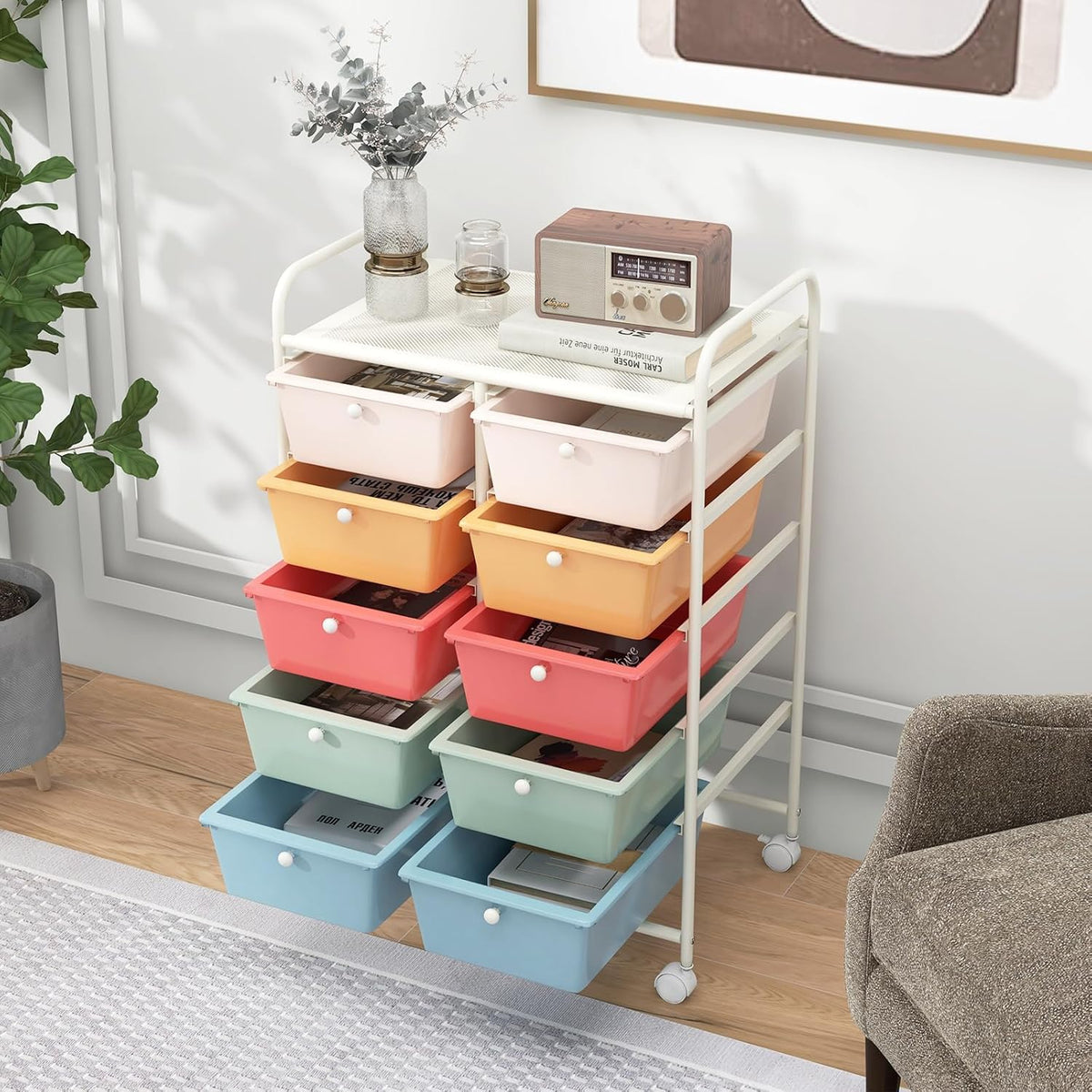 10 Drawer Rolling Storage Cart with Metal Frame U7070