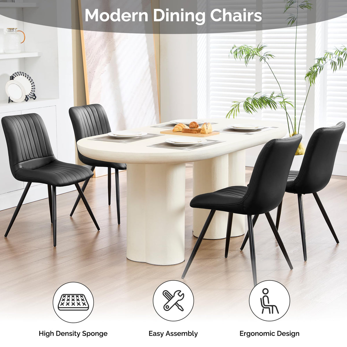 Black Dining Chairs Set of 4 PU Leather Metal Legs J562