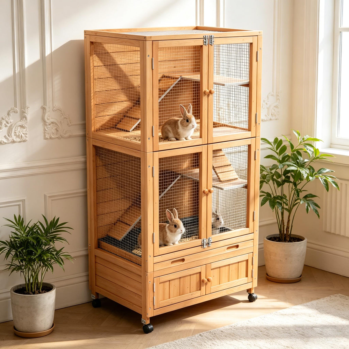 2-Story Wooden Rabbit Hutch with Ramp, Trays & Wheels Z835288