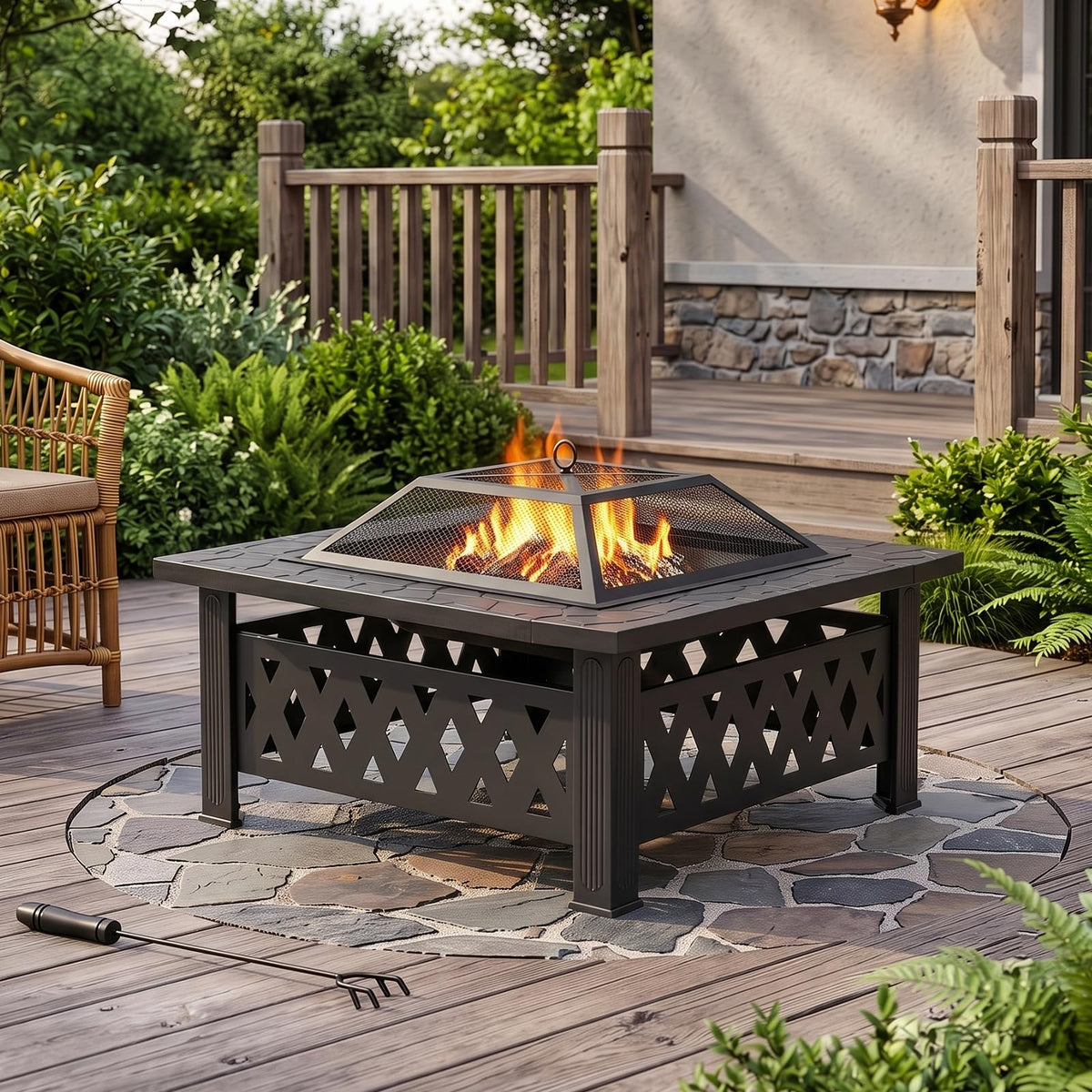 32 Inch Square Wood Burning Fire Pit Table with Spark Screen and Fire Poker E9321