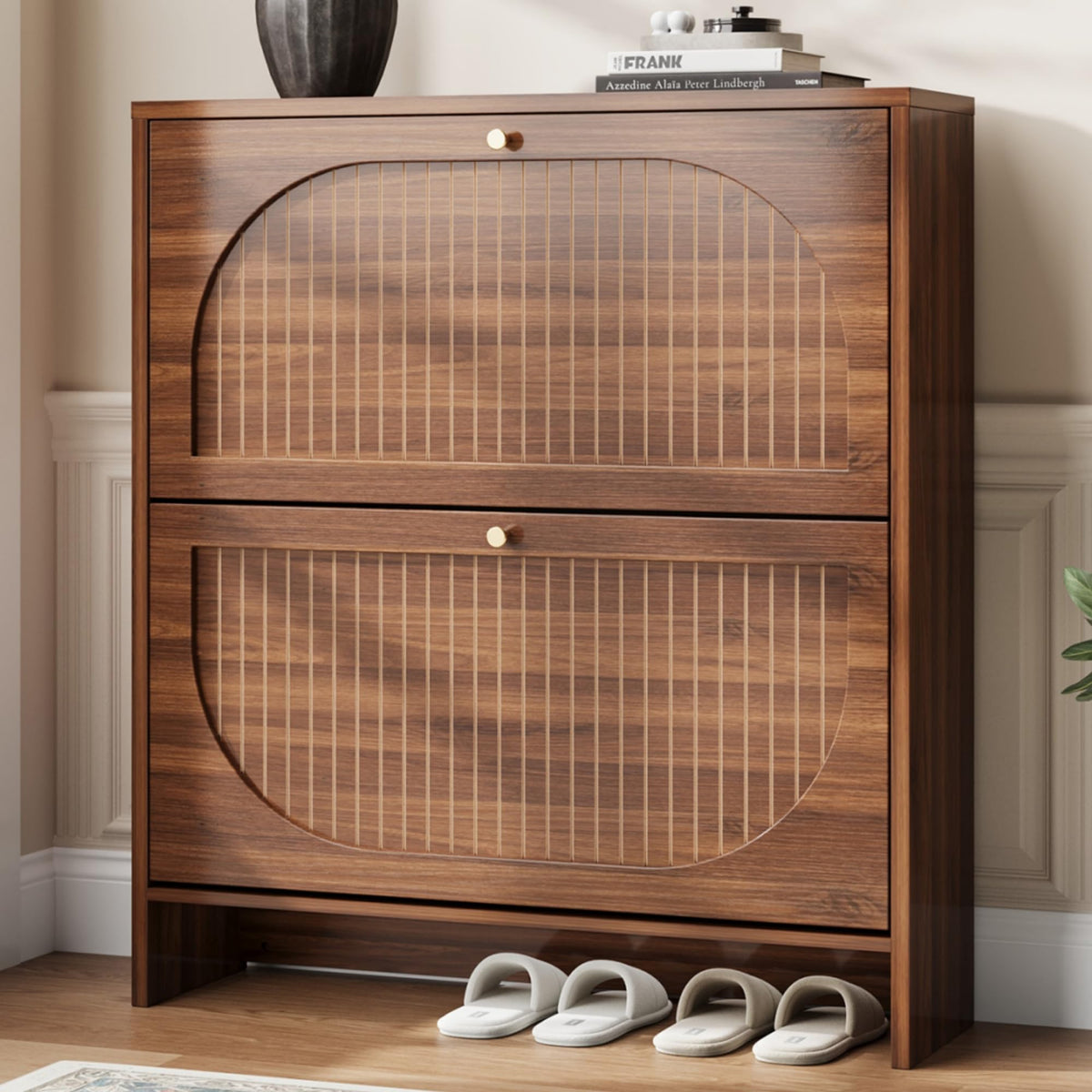 Luminous Walnut Shoe Storage Cabinet with Adjustable Shelves W567