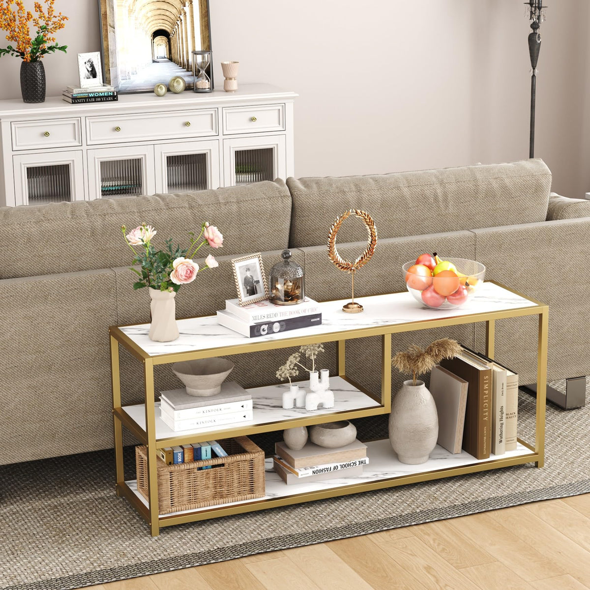 TV Stand for TVs up to 55 Inch, 3 Tier Media Console with Open Storage Shelves E54656
