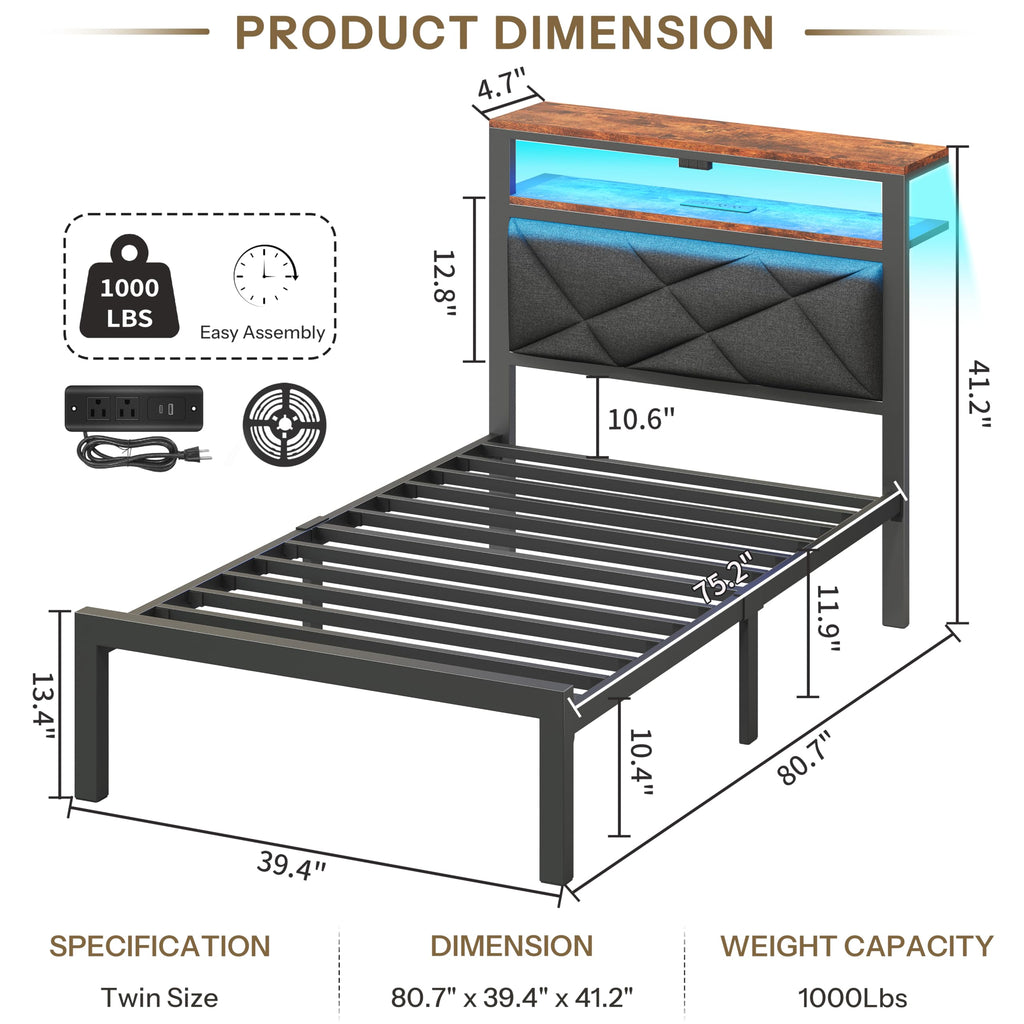 Twin Size Bed Frame with LED Lights & Charging Station O5223