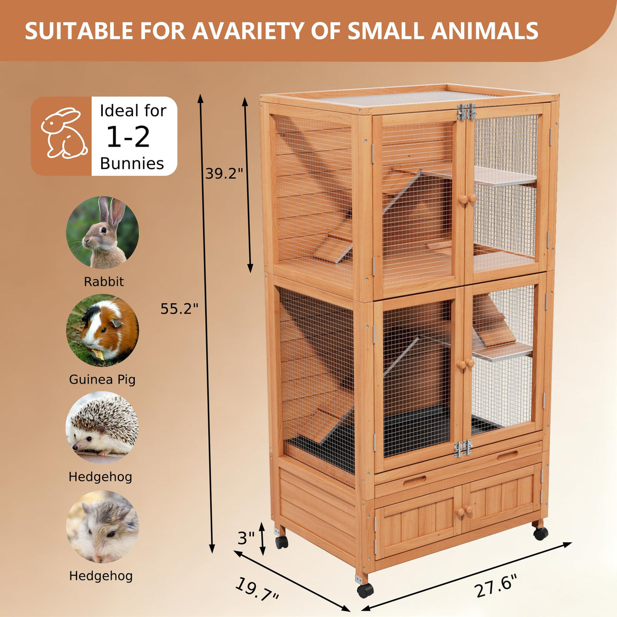 2-Story Wooden Rabbit Hutch with Ramp, Trays & Wheels Z835288