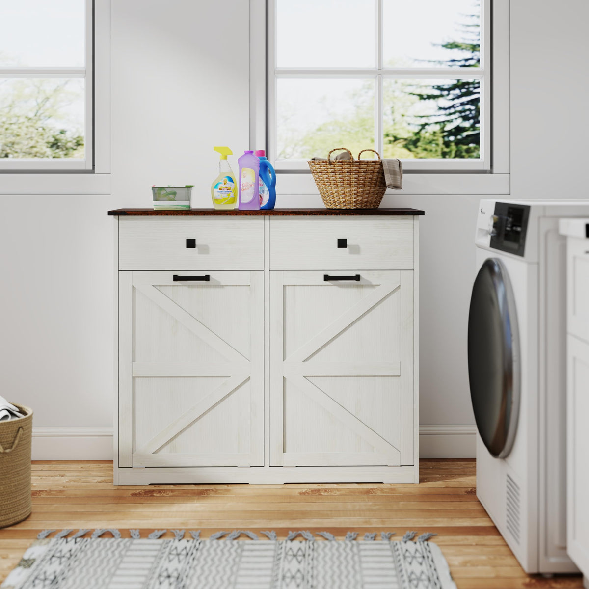 Antique White Laundry Hamper Cabinet with 2 Drawers C655793