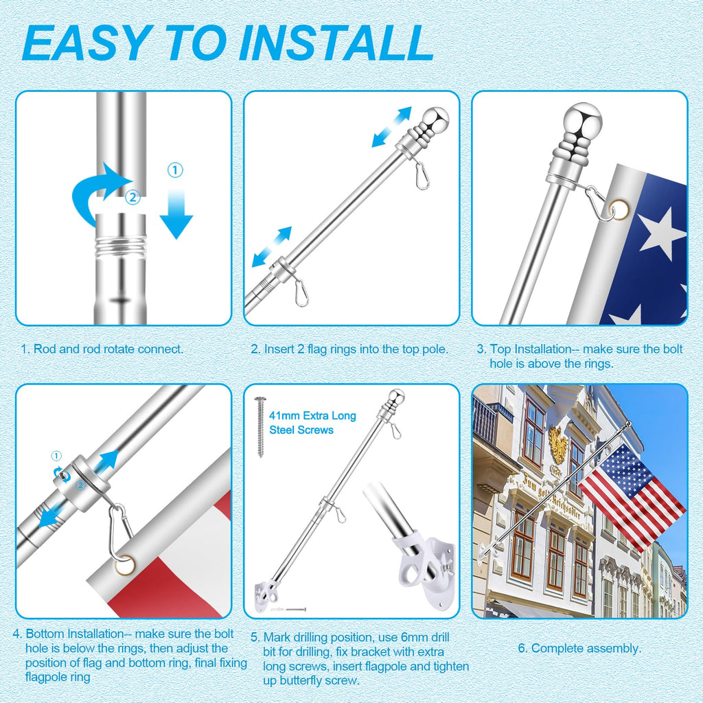 Silver 7 FT Metal Flagpole Kit and 304 Stainless Steel Flagpole Clips S59405