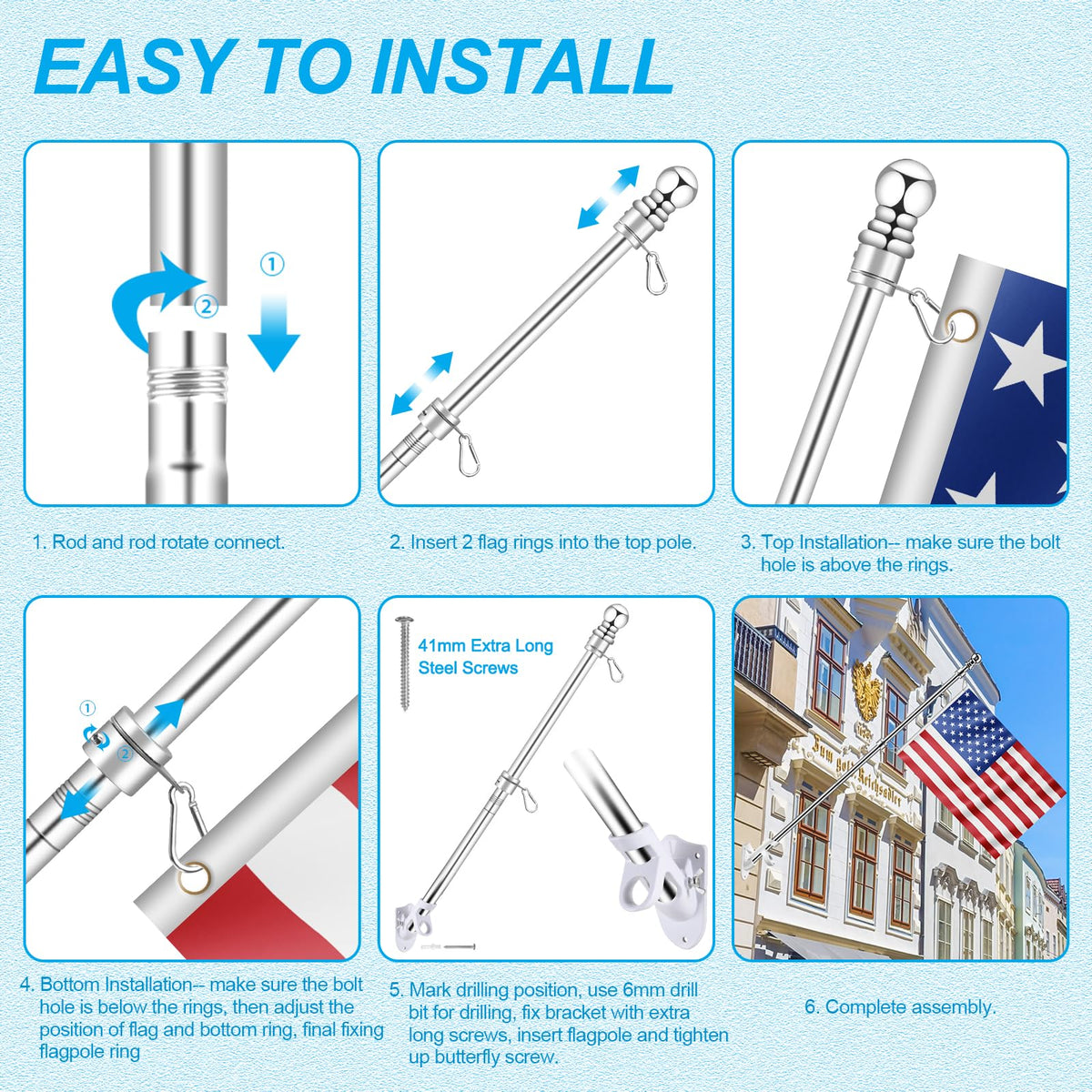 Silver 7 FT Metal Flagpole Kit and 304 Stainless Steel Flagpole Clips S59405