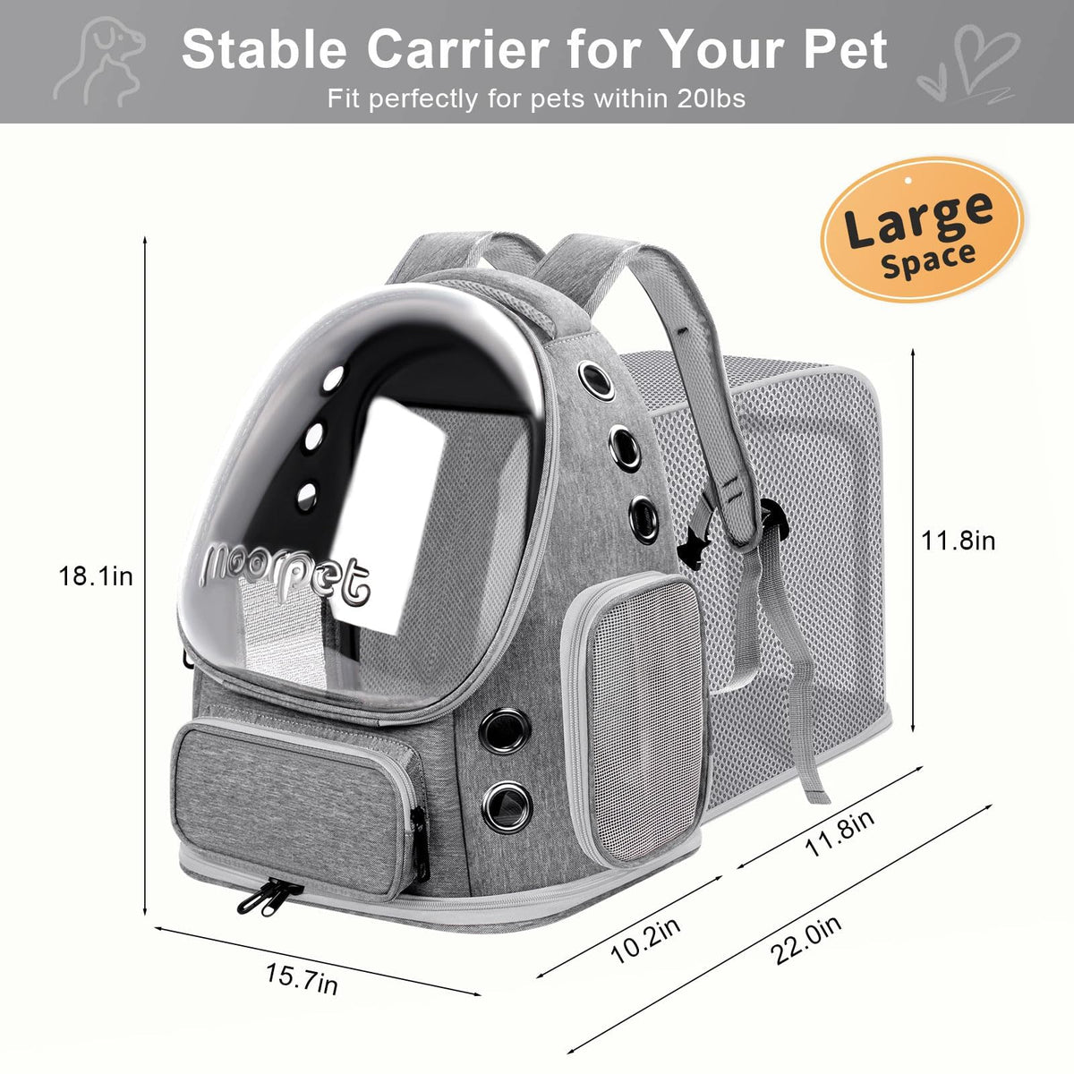 Breathable Cat Bubble Backpack Large Space Pet Carrier Backpack Expandable for Kitty Dog, Foldable Airline Approved Cat Backpack, Transparent PetTravel Backpack Up to 20 lbs (Green) (Grey) K974