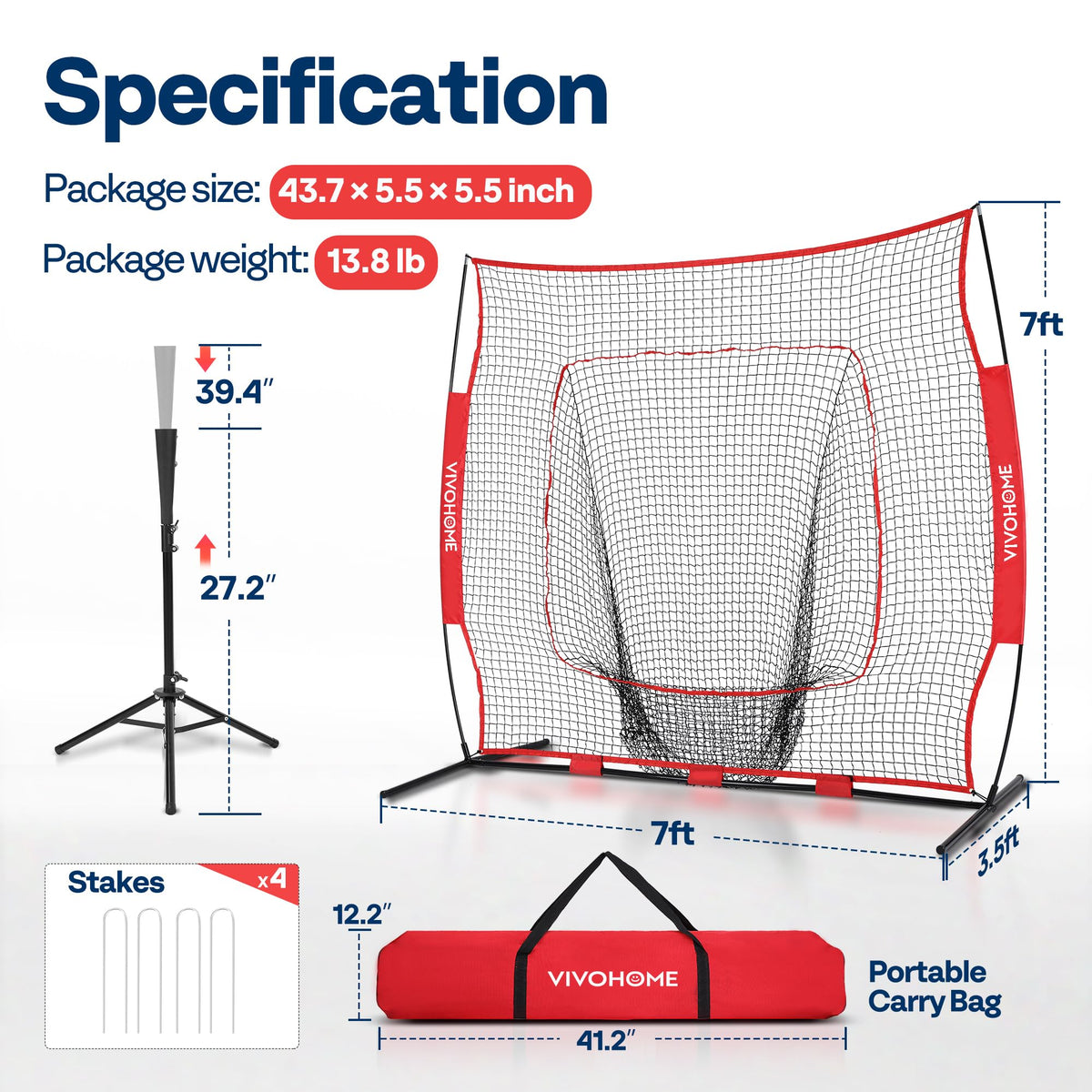 Baseball & Softball Training Net with Batting Tee, 7 x 7 ft. W402030