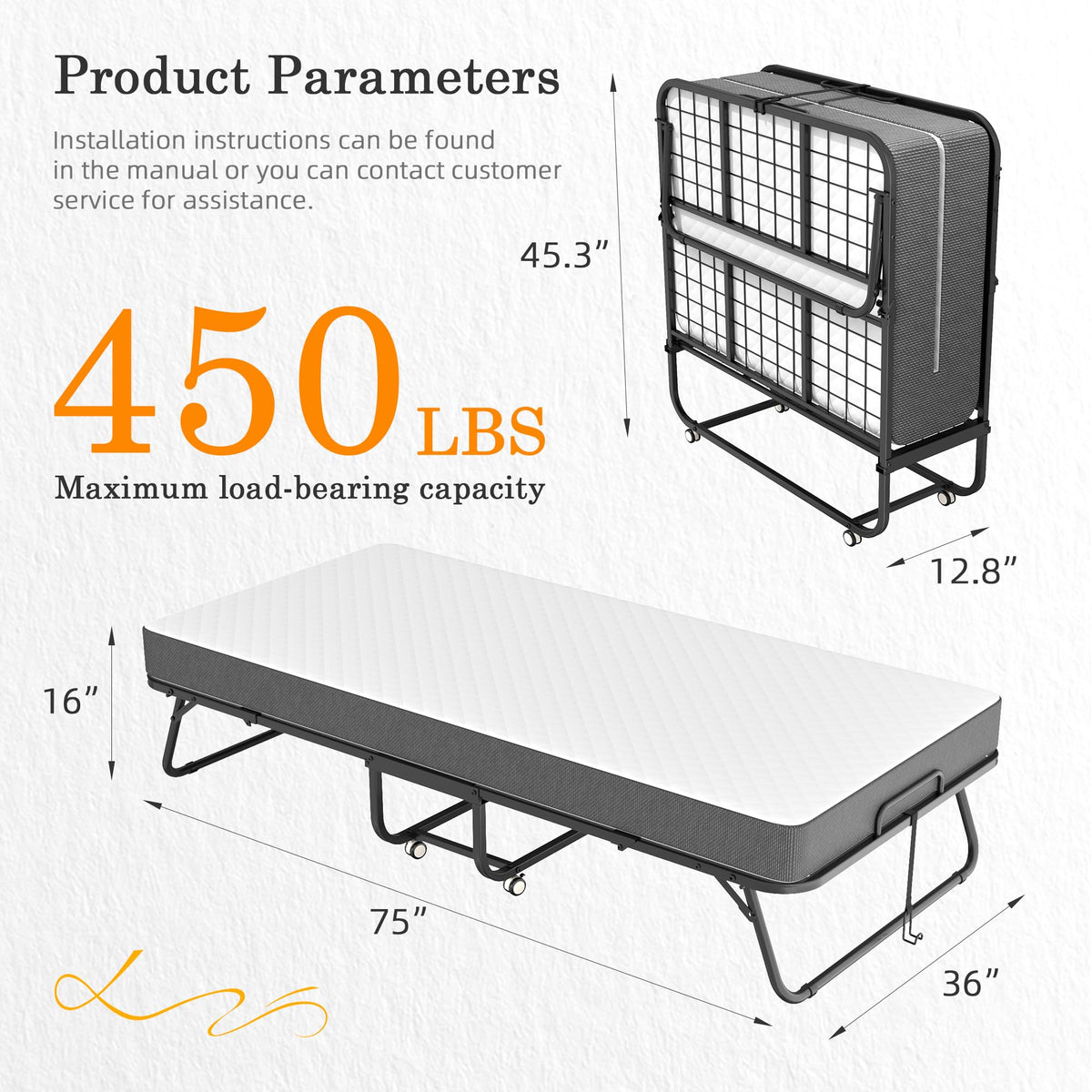 Folding Bed with Mattress 75" x 38" Memory Foam E5256