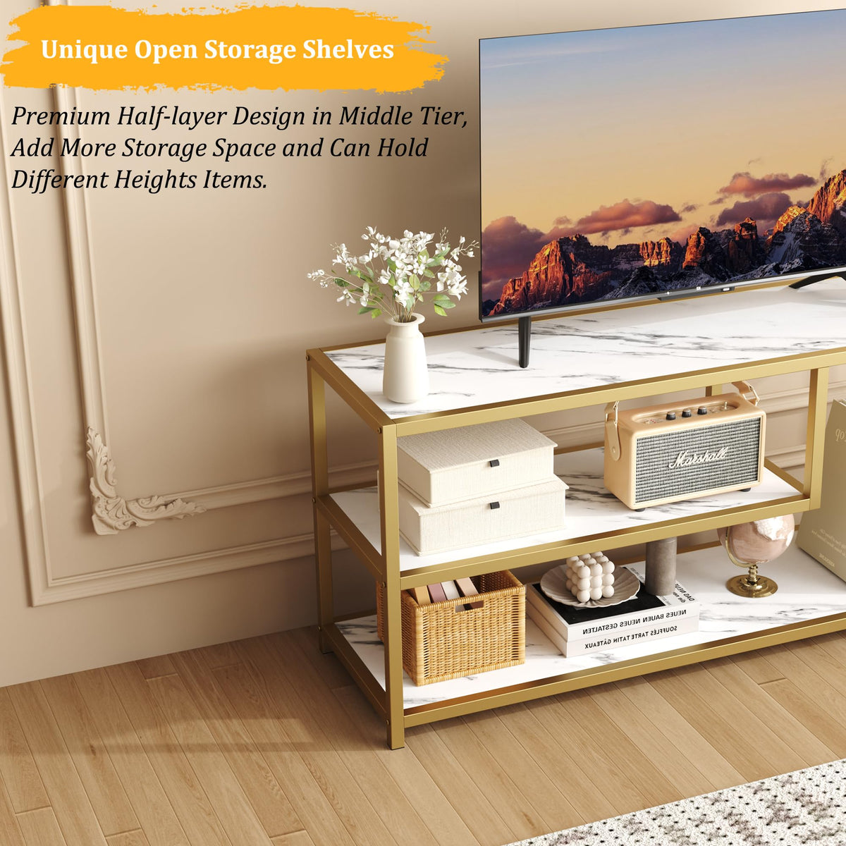 TV Stand for TVs up to 55 Inch, 3 Tier Media Console with Open Storage Shelves E54656