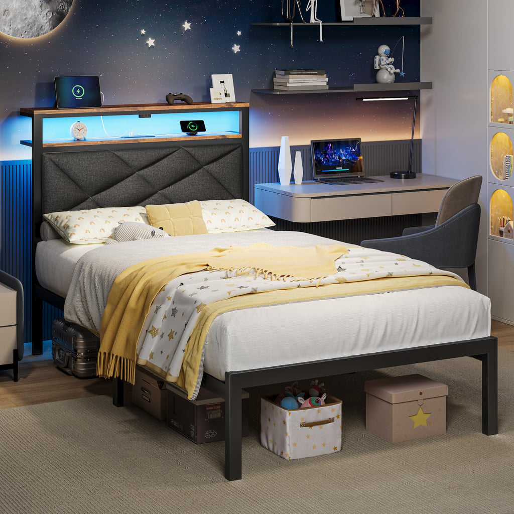 Twin Size Bed Frame with LED Lights & Charging Station O5223