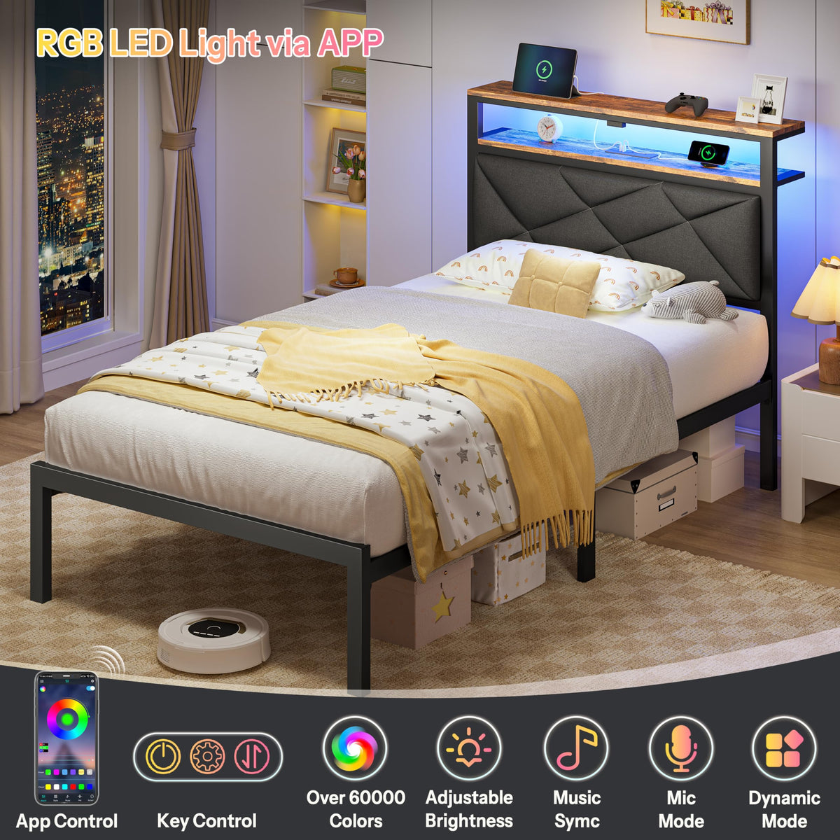 Twin Size Bed Frame with LED Lights & Charging Station O5223