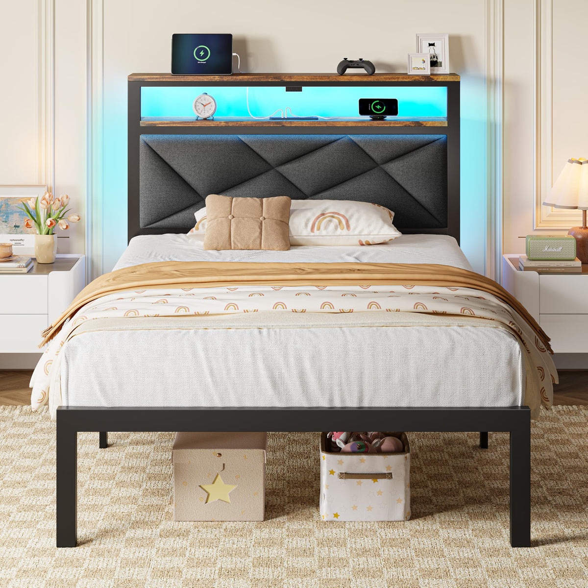 Twin Size Bed Frame with LED Lights & Charging Station O5223