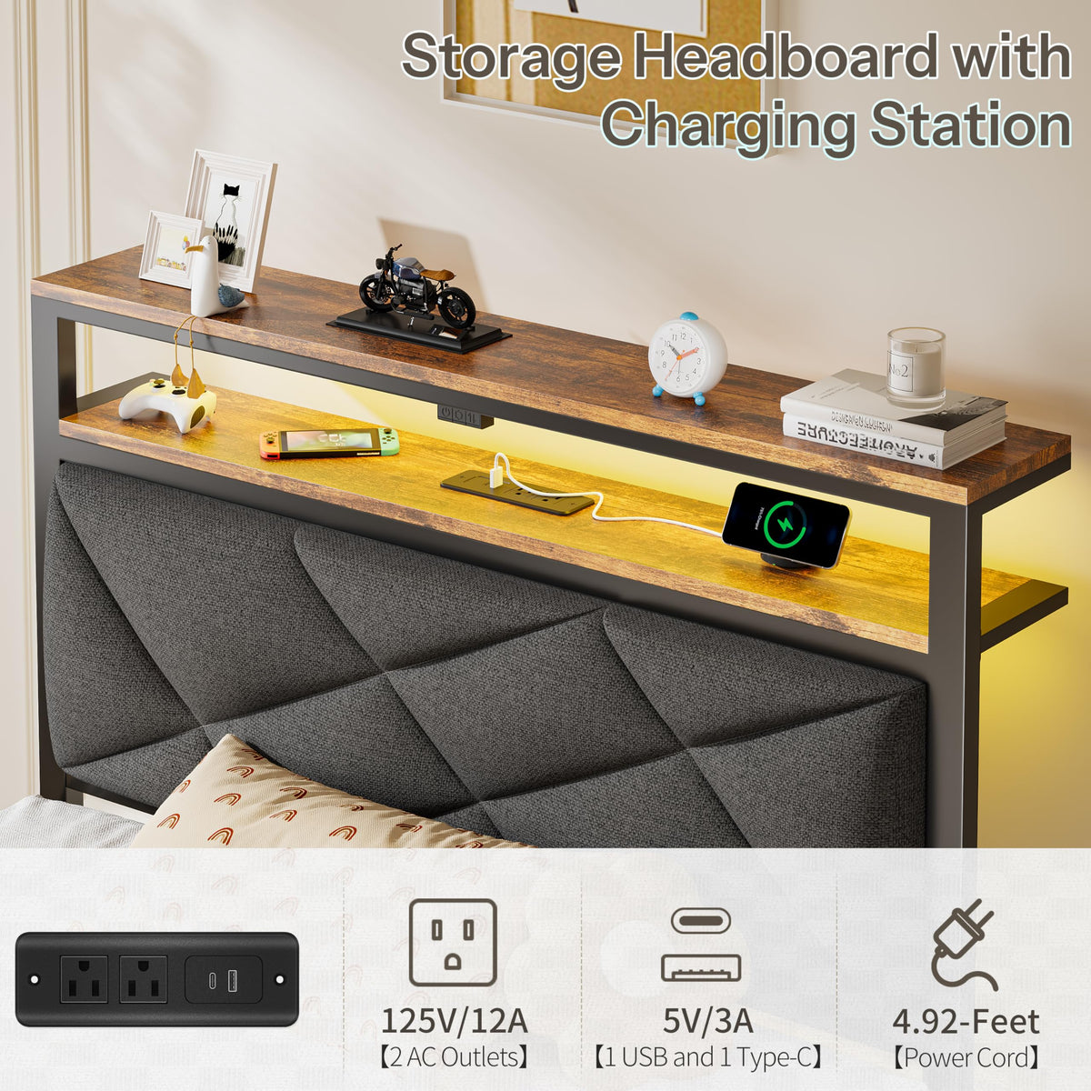 Twin Size Bed Frame with LED Lights & Charging Station O5223