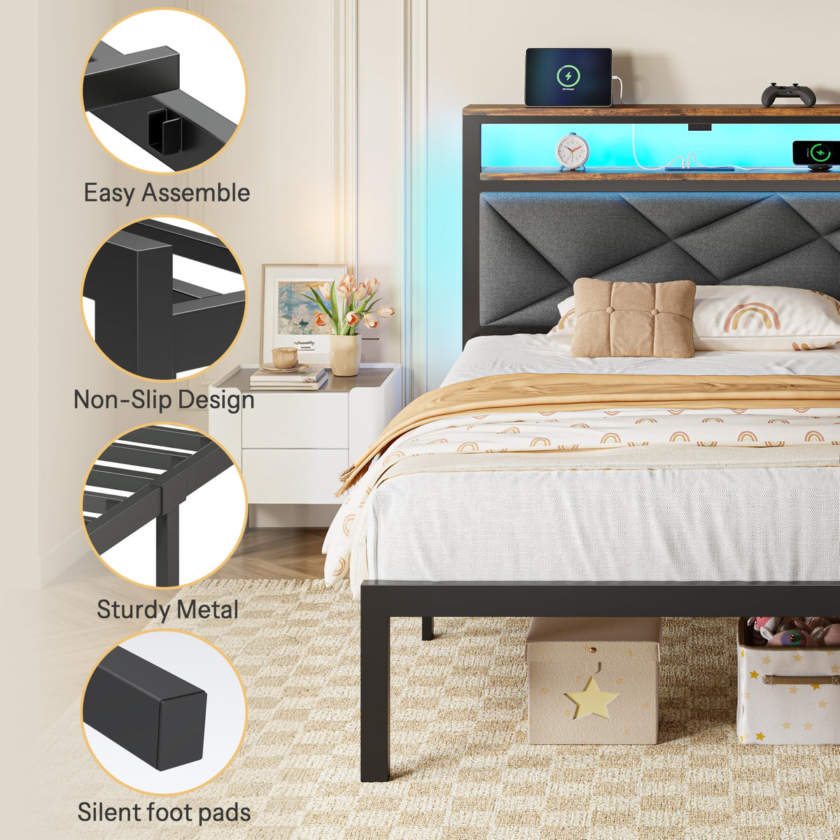 Twin Size Bed Frame with LED Lights & Charging Station O5223