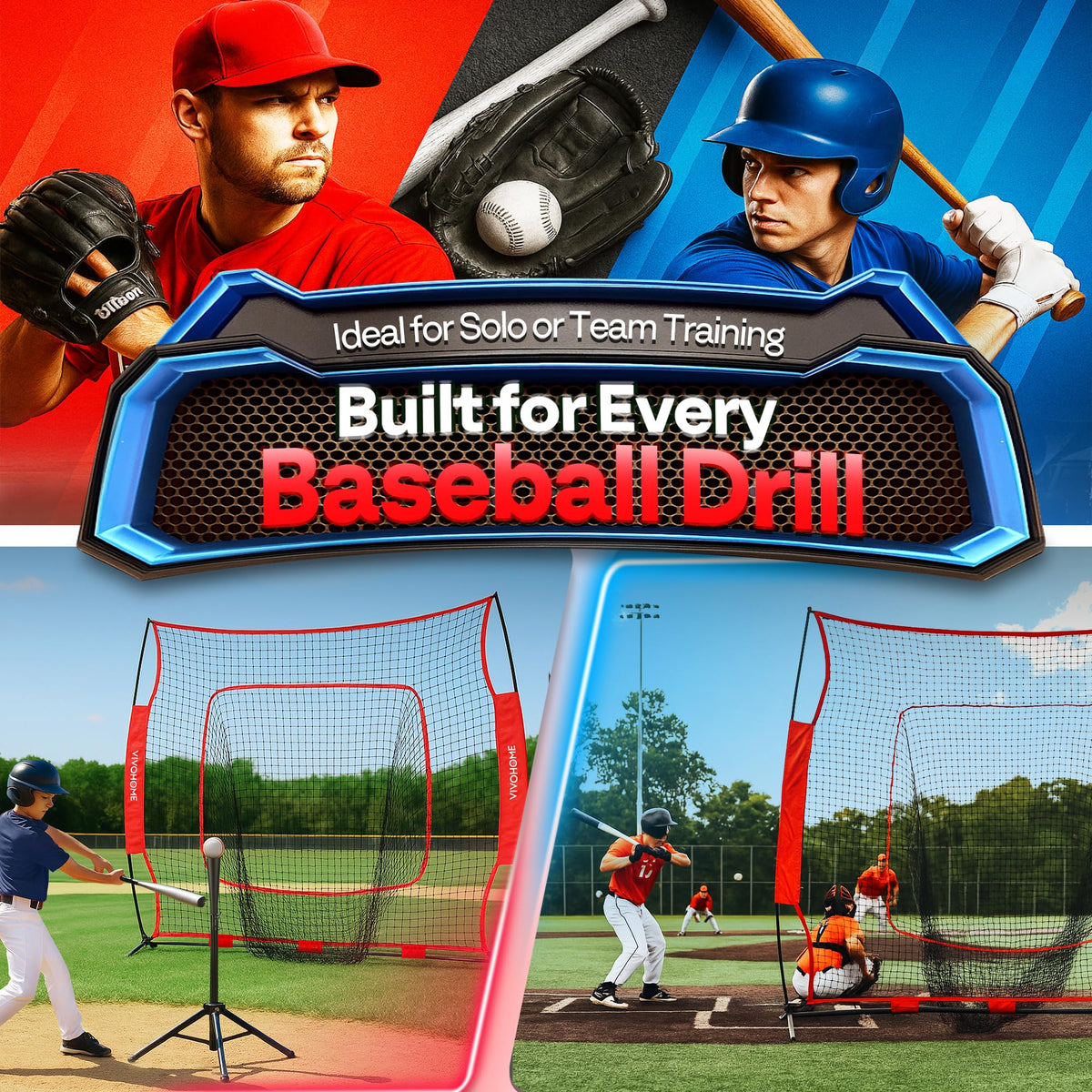 Baseball & Softball Training Net with Batting Tee, 7 x 7 ft. W402030